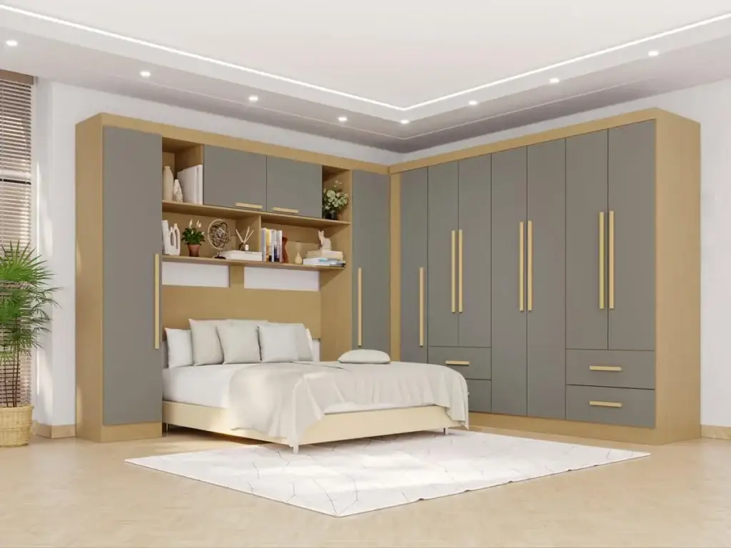 Guarda-roupa modulado de canto com 11 portas, ideal para casais que precisam de bastante espaço de armazenamento sem ocupar uma parede inteira. Tem 4 gavetas com corrediças telescópicas, 21 prateleiras e 25 nichos para organizar roupas dobradas, além de espaço reservado para sapatos.