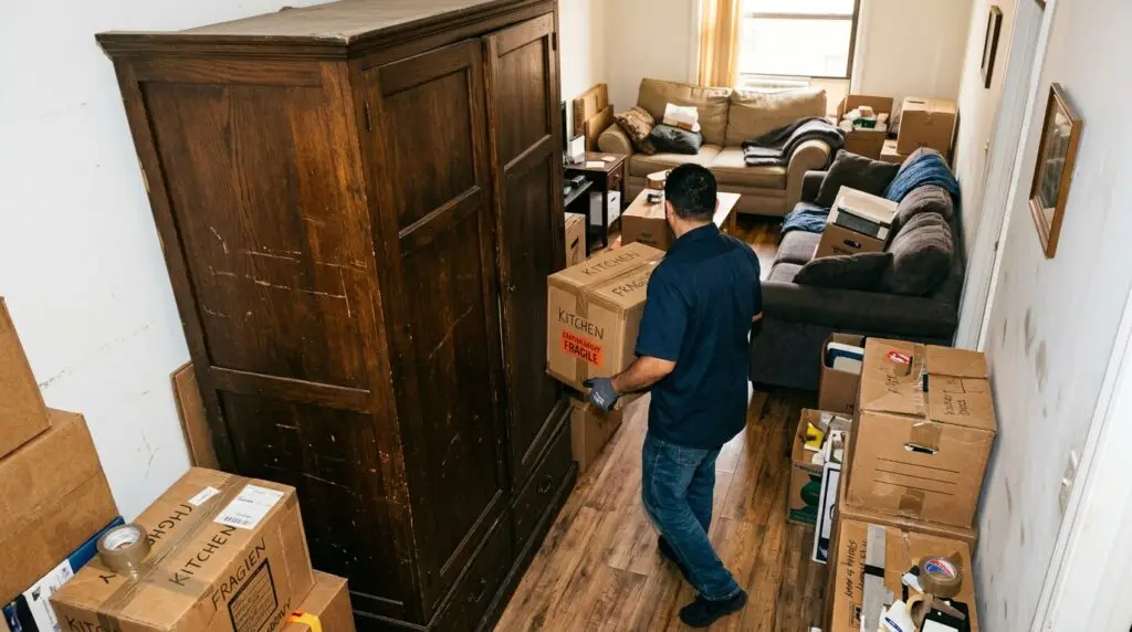 Para proteger o piso e a parede ao mover móveis pesados, use protetores de feltro ou meias grossas embaixo dos pés dos móveis, deslize sobre um papelão ou manta ao invés de arrastar direto, e nunca empurre o móvel encostado na parede — sempre incline levemente para o centro do cômodo. Isso evita arranhões, rachaduras no piso laminado/porcelanato e marcas de atrito na parede.