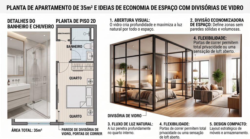 Confira ideias de plantas de apartamento de 35m² com divisórias de vidro para separar ambientes sem perder luminosidade nem sensação de amplitude.
