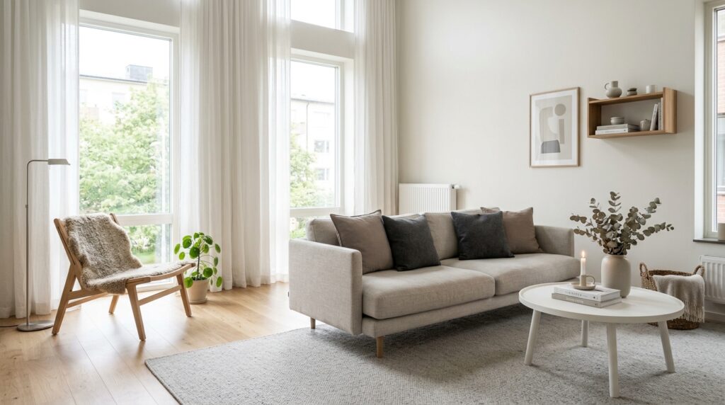 Estampas grandes ou muito carregadas em cortinas, tapetes e almofadas "cortam" visualmente o espaço. Prefira estampas discretas ou texturas lisas para manter a leitura visual mais limpa.