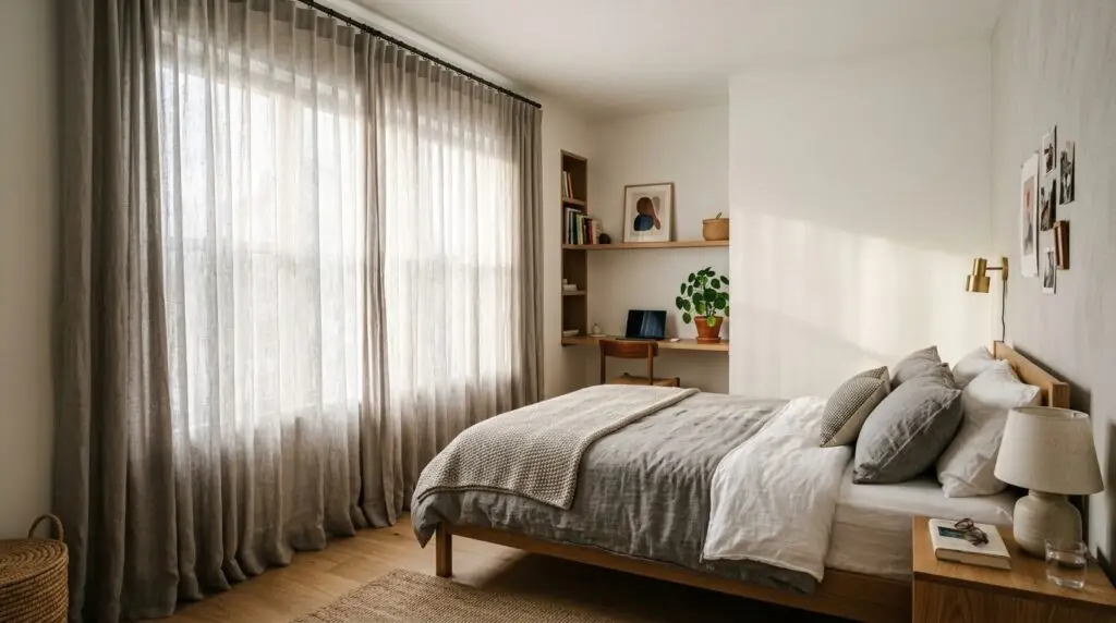 Cortinas instaladas próximas ao teto (e não apenas acima da janela) alongam visualmente a parede, dando a impressão de pé-direito mais alto.