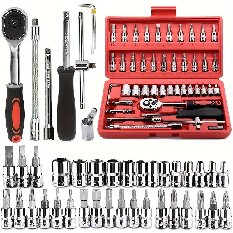 Kit com 46 peças, incluindo catraca, chave soquete de aço, chave multiuso, pontas de fenda, bits e chave Allen. Reúne em um único estojo praticamente todas as chaves necessárias para desmontar diferentes tipos de guarda-roupa, sem precisar garimpar ferramenta avulsa pela casa.
