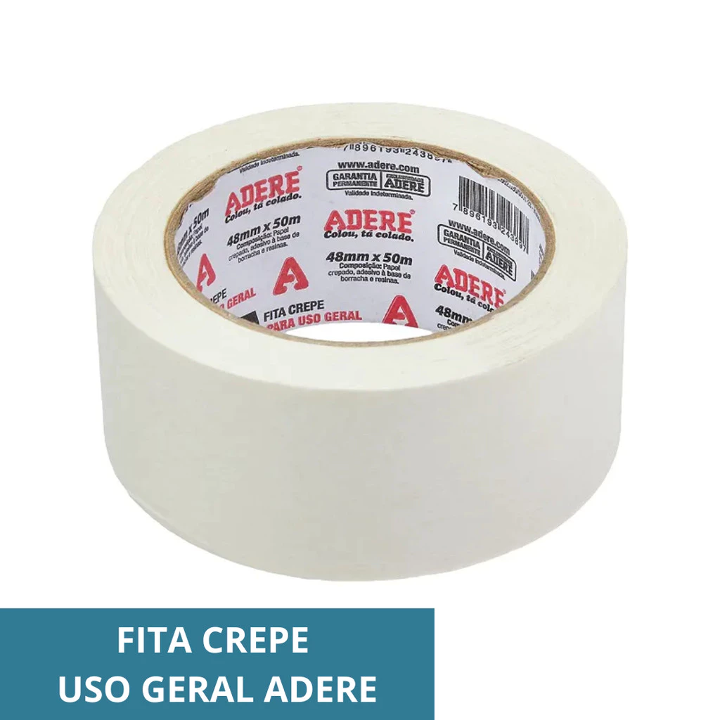 Fita crepe branca de uso geral, com 50 metros e adesão em até 423 superfícies diferentes. Disponível nas larguras 18mm, 24mm e 48mm, ideal tanto para marcar e numerar peças do móvel quanto para escrever anotações direto sobre a fita.