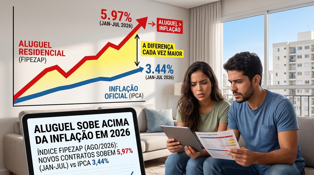 Aluguel residencial sobe 5,97% em 2026, quase o dobro do IPCA, enquanto financiamento e consórcio de imóveis crescem. Entenda os dados mais recentes.