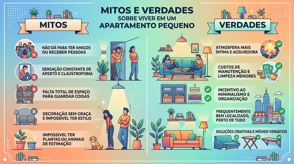 Descubra o que é mito e o que é verdade sobre morar em apartamento pequeno: espaço, organização, valorização e qualidade de vida. Veja a real